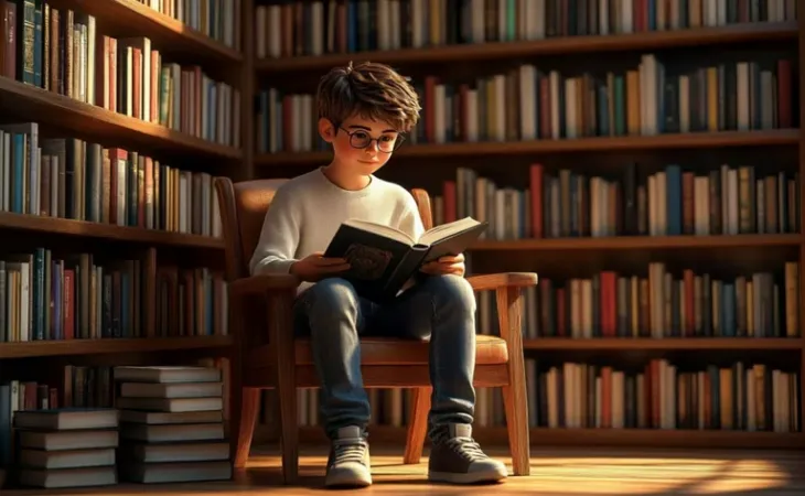 Школьник читает книгу