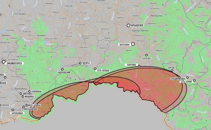 Карта с расчетными территориями Алтайского края, Республики Алтай и Республики Казахстан, куда будут падать отделяющиеся части ракеты-носителя "Союз-2-1а"